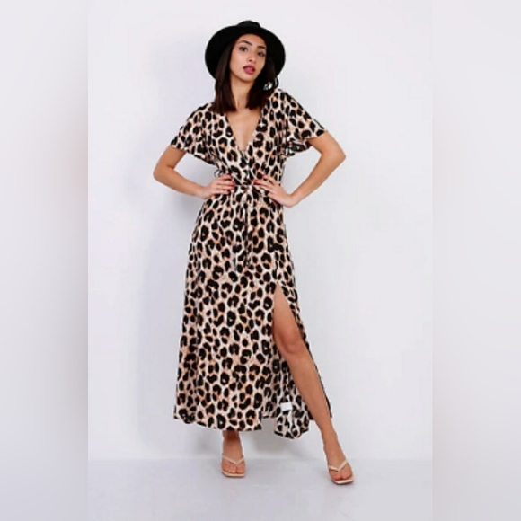 Dresses & Skirts - Leopard Print Split Front Maxi Dress Size Small 8-10 Tie Belt Animal Pri…